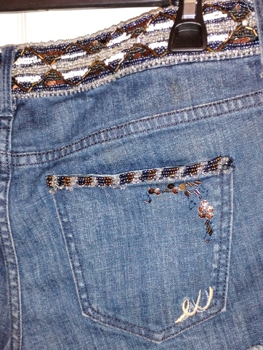 Express Dark Blue Denim Shorts with Gold Sequin Embellishment - Picture 4 of 8